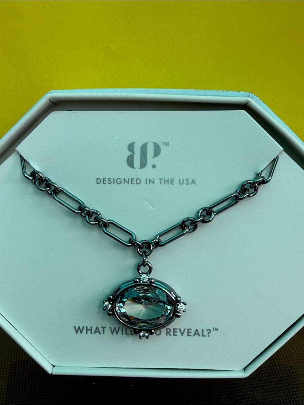 bp Silver-Tone Chain Necklace with Teal Oval Pendant